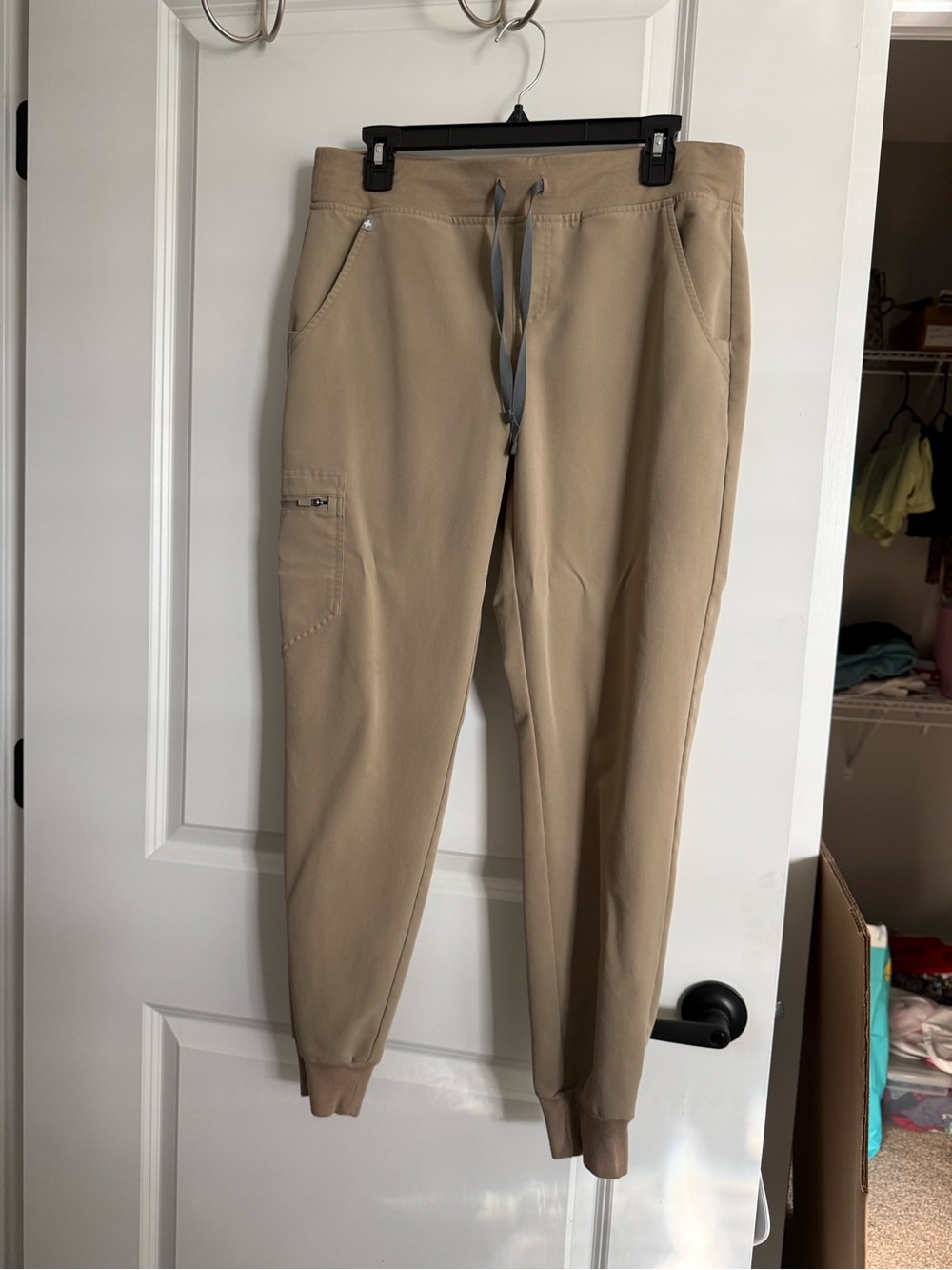 Figs Women's Jogger Scrub Pants in Khaki with Gray Drawstring